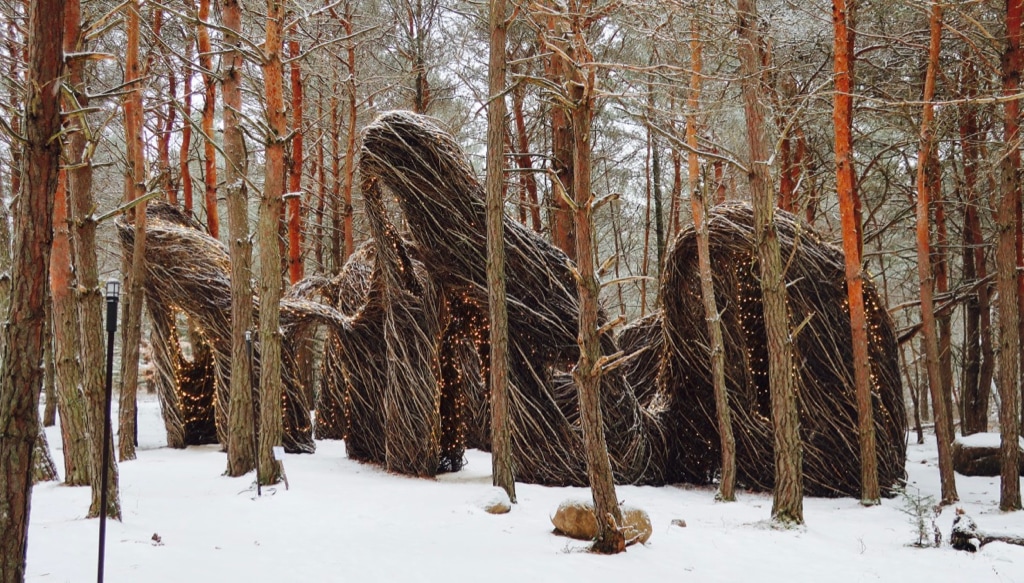 Hopscotch a Stickworks Sculpture at WILD Center Tupper Lake NY