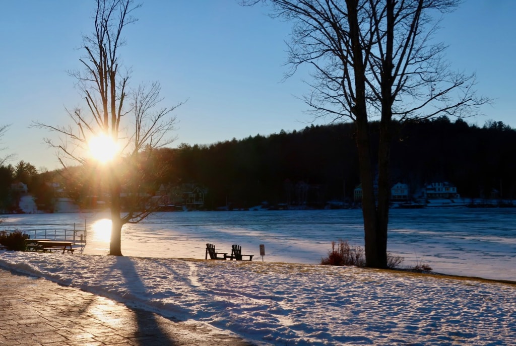 Winter lake scene from Saranac Waterfront Lodge