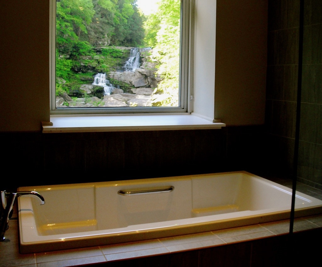 Ledges Hotel view of waterfall from bathtub, Hawley PA