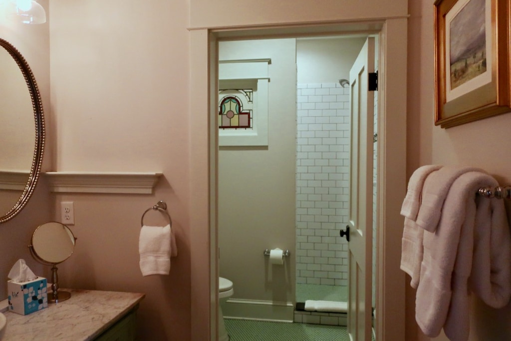 Bathroom with mint green mosaic tiles Mill at Fine Creek Cottage F