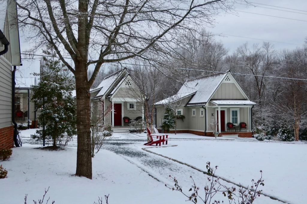 Guest cottages in snow at Mill at Fine Creek outside Richmond VA
