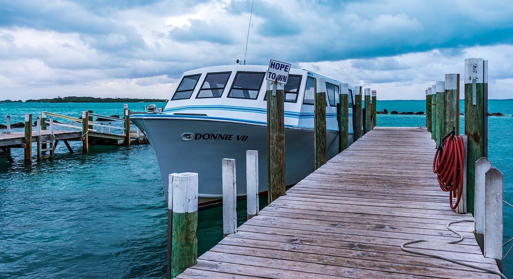 ferry boat docked at marina in Great Abacos
