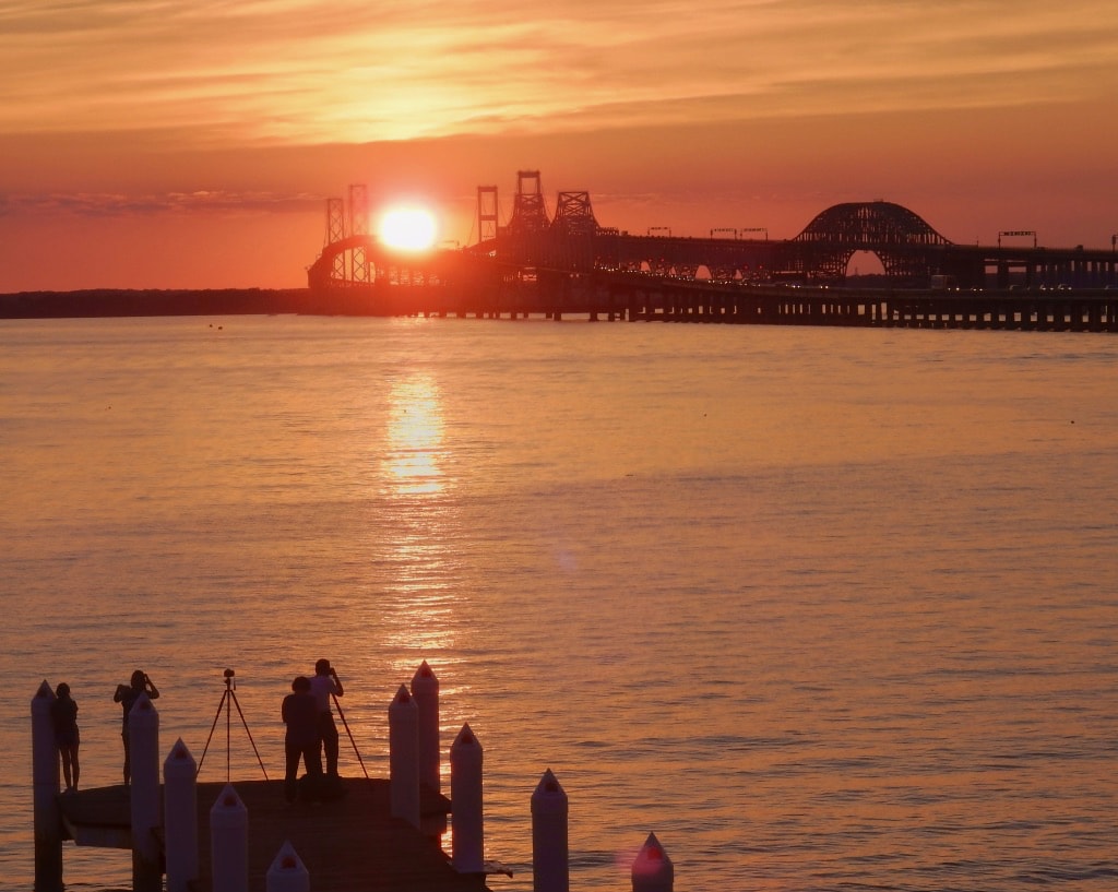 Chesapeake Bay Bridge glowing at sunset from Kent Island MD