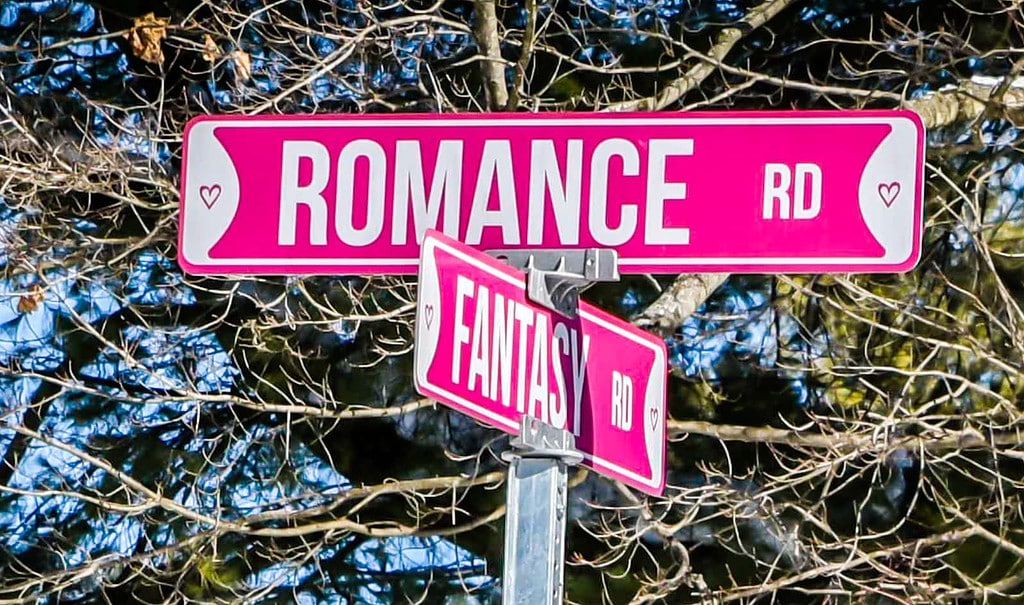 Intersection of Romance Road and Fantasy Road pink street signs.