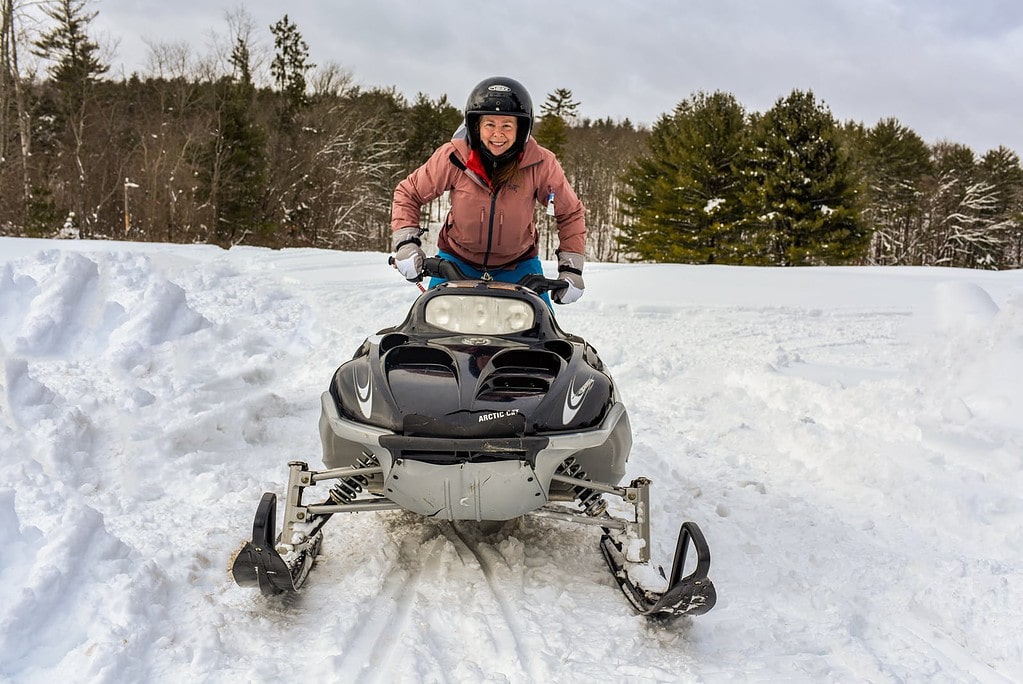 Sandra Foyt on a snowmobile.