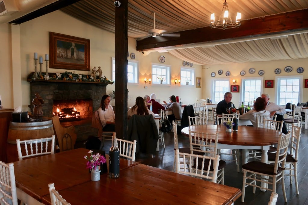 Roaring fireplace in Hillsboro Winery-Brewery Tasting Room VA