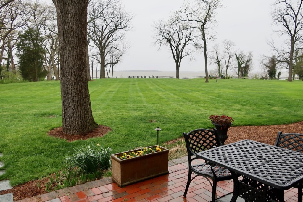 Rainy day view of expansive lawn and Chesapeake Bay 