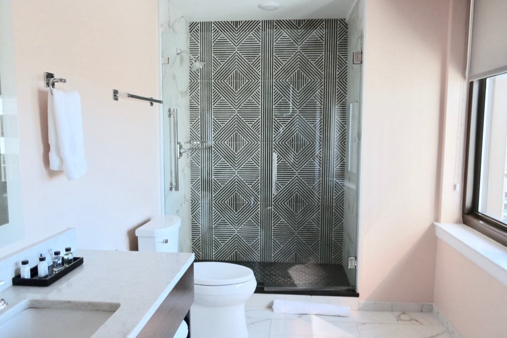 Geometric-tile shower at Liberty Trust Hotel Roanoke