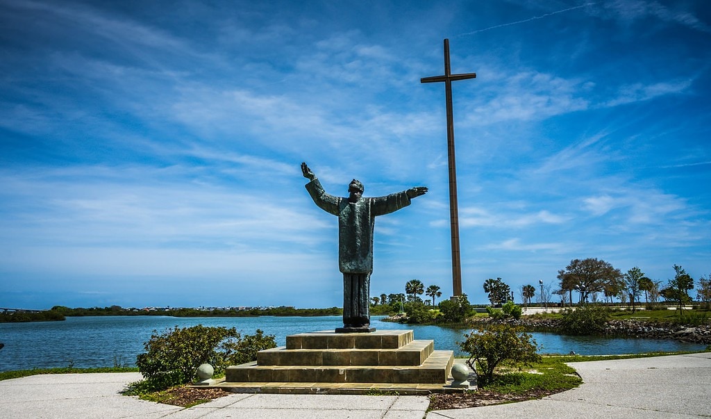 Statue of father francisco lopez de mendoza grajales at Nombre De Dios Mission.