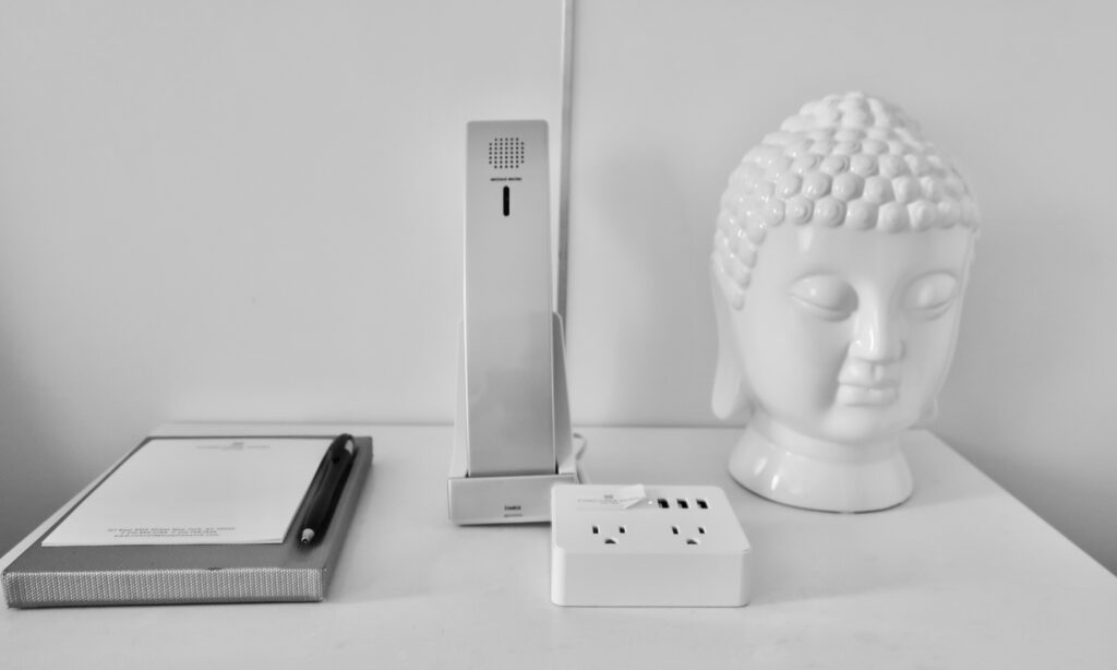 Spa-like bedside table at The Concorde Hotel in NYC