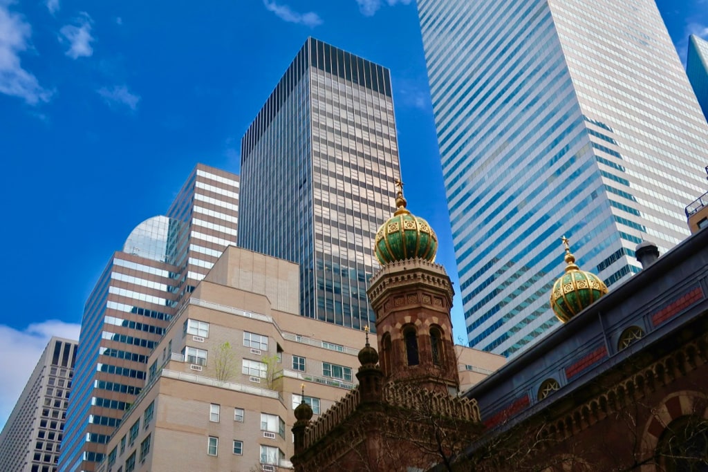 Spherical towers of NY Central Synagogue juxtaposed against skyscrapers