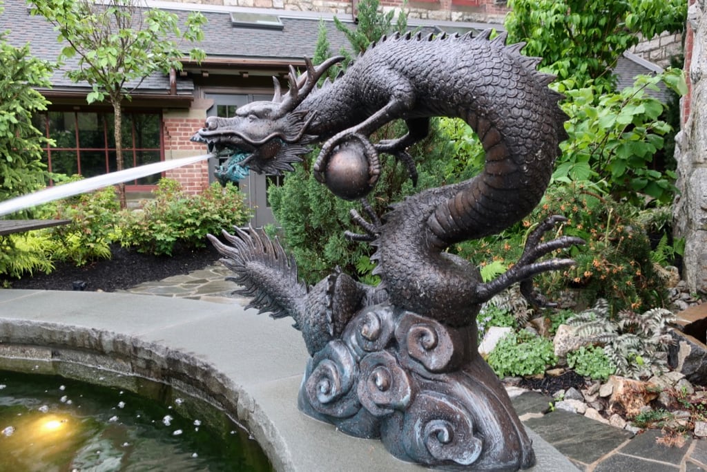 Water spraying dragon in Abbey Inn and Spa garden