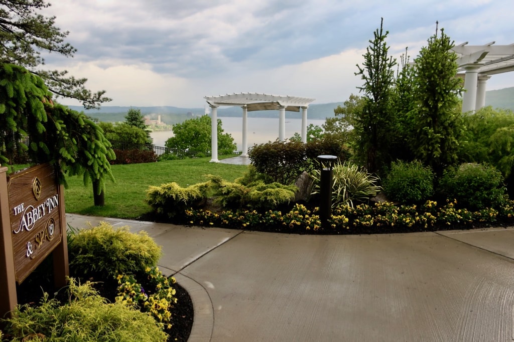 Hudson River and pergola from entrance to Abbey Inn and Spa Peekskill NY