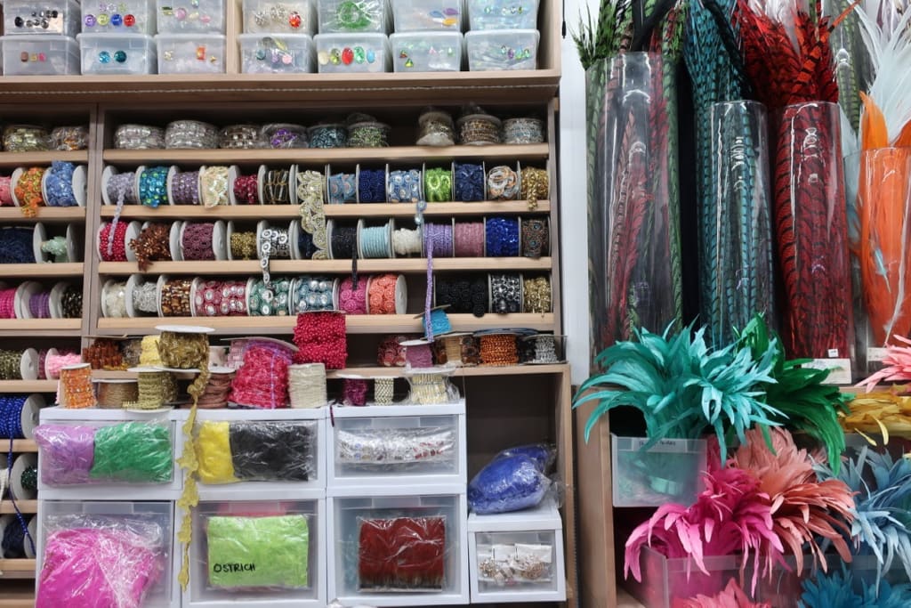 Glittery ribbons and feathers at NYC "Trim" Shop