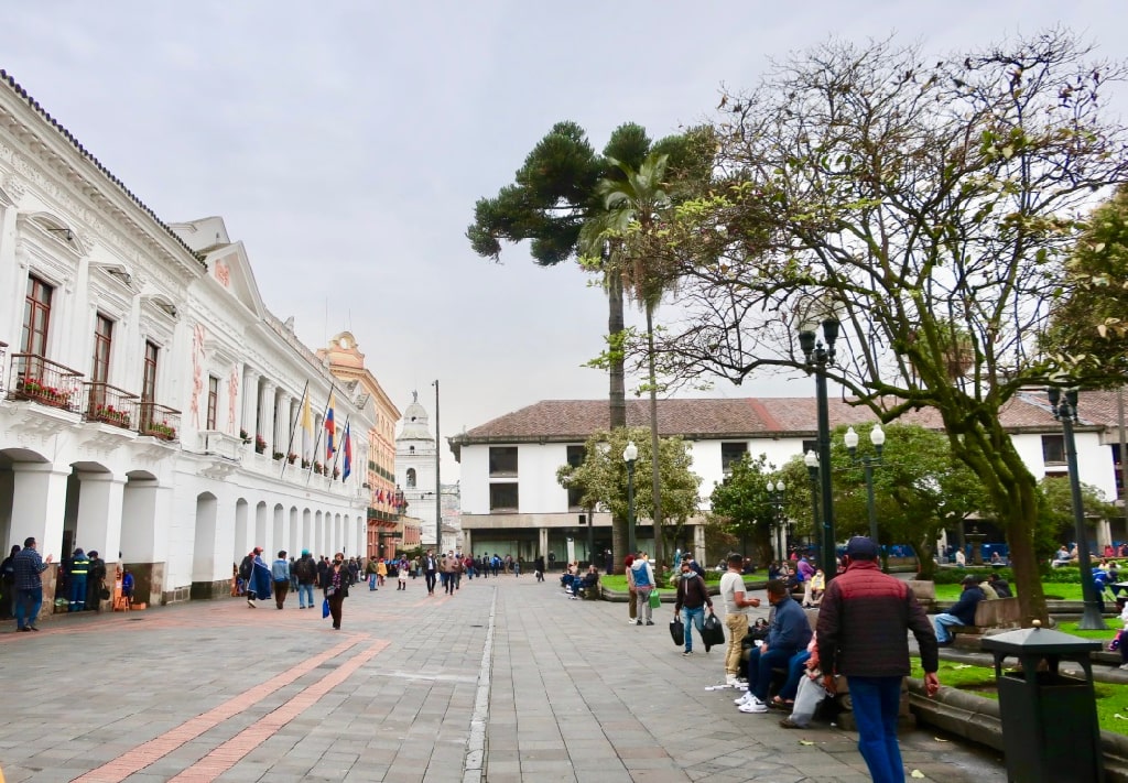 Green park in center of Old Town Quito plaza