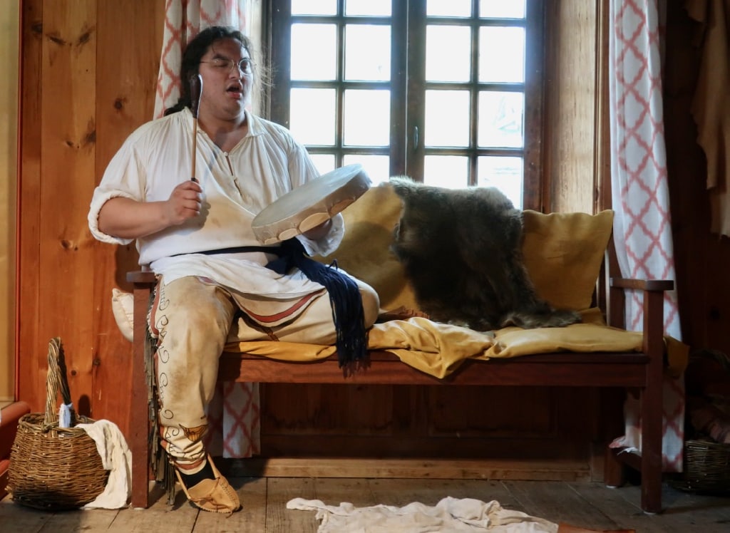 Mi'kmaq family member sings prayers and songs Fortress Louisbourg