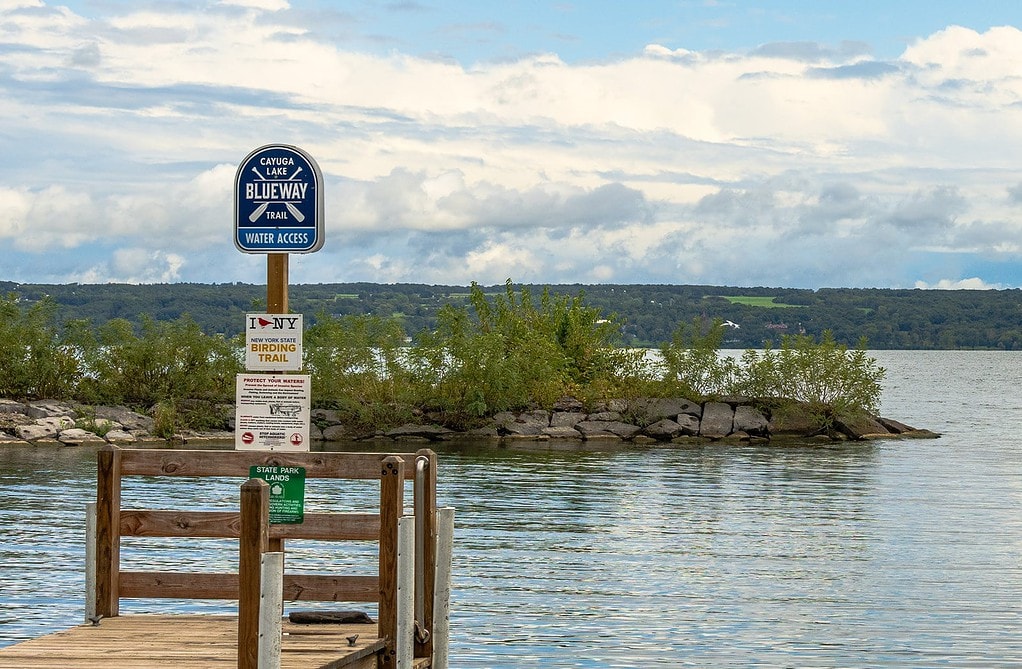 Cayuga Lake Blueway Trail Water Access sign at Dean's Cove Boat Launch.