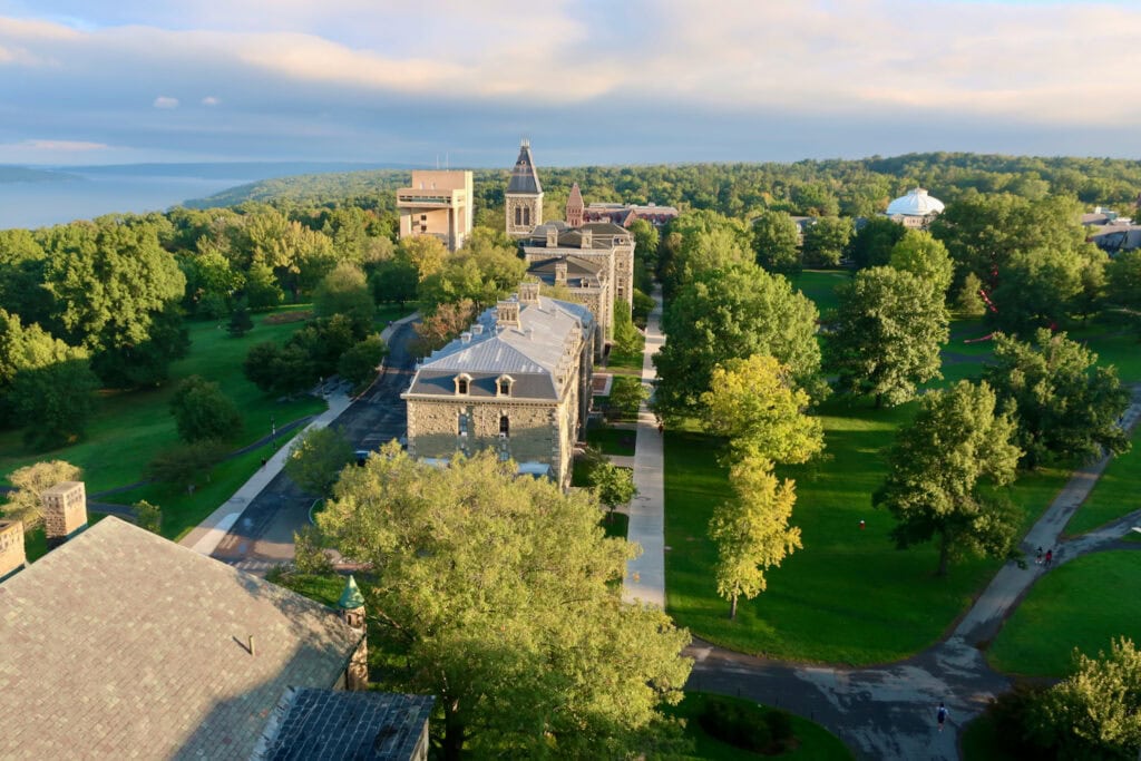 Wide ariel view of Cornell University and Cayuga Lake from top of Magraw Tower Ithaca NY