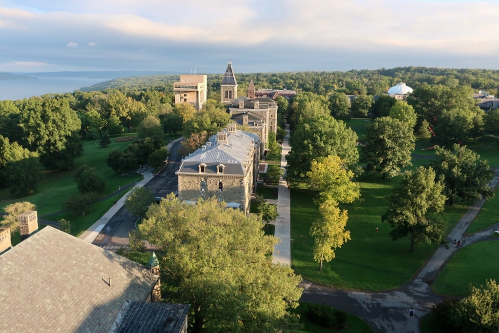 Morning view of Cornell U. Campus from top of McGraw Tower for Cornell Chimes concert Ithaca NY