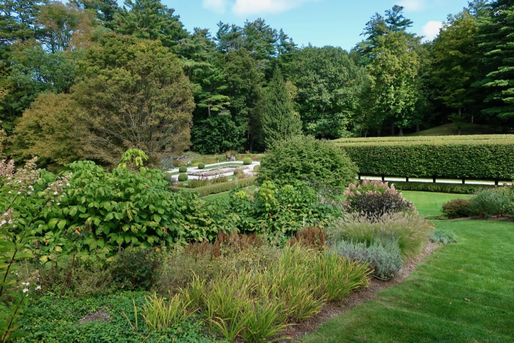 Grass steps lead down to formal gardens at The Mount Lenox MA