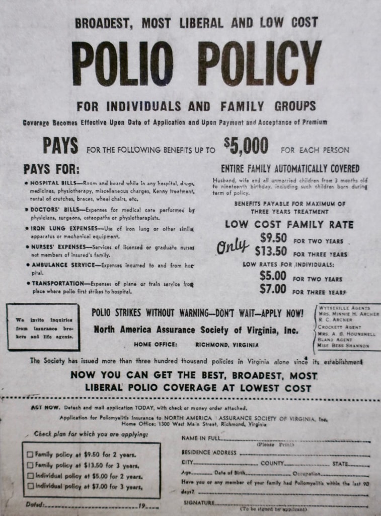 Ad for Polio Insurance Policy at Thomas Boyd Museum VA