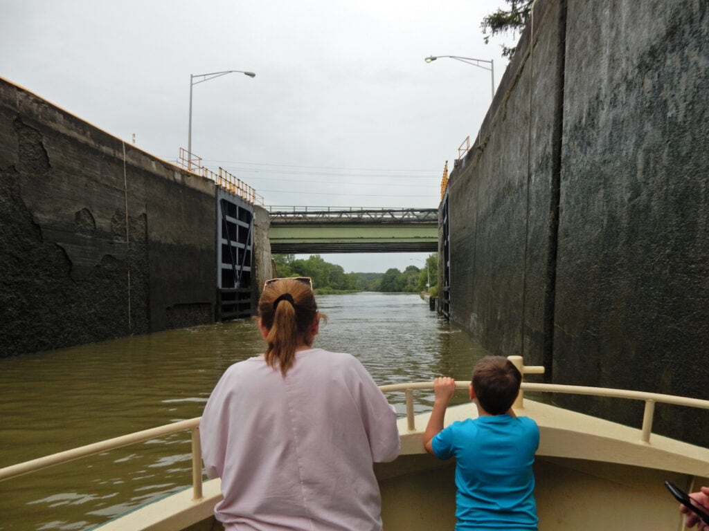 Entering an Erie Canal lock on the Sam Patch Canal Boat tour NY