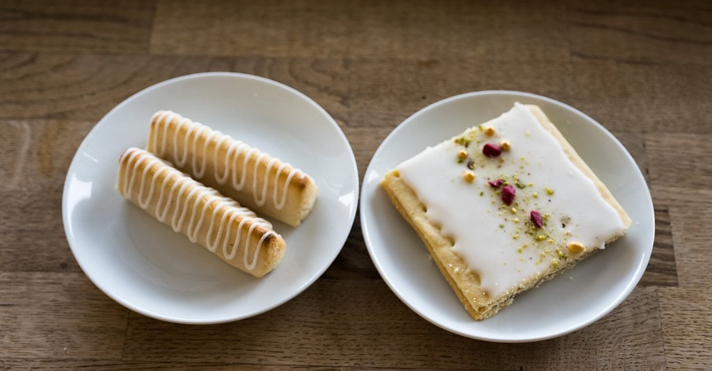 Marzipan-flavored Kransakaka (seen on left) are traditionally stacked to create the traditional Icelandic Wedding Cake.