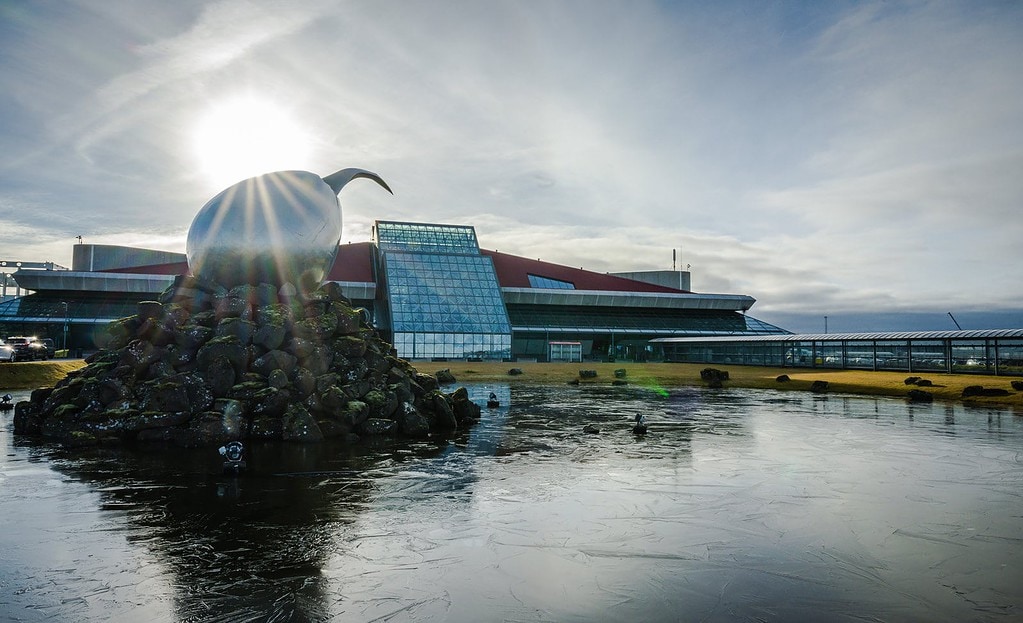 Sun shining on exterior of Keflavík Airport in Iceland.