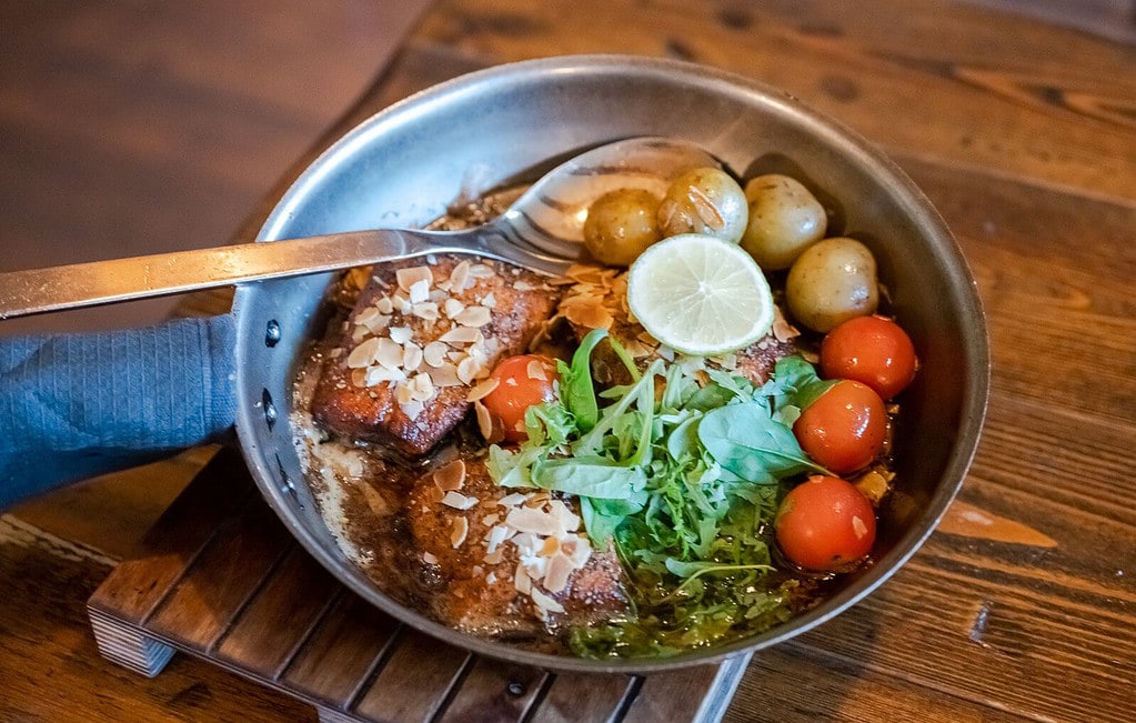 Arctic Char served in a skillet at Messinn Restaurant in Reykjavik.