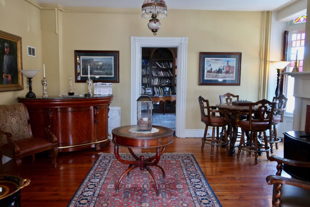 Game room with carafe of sherry on bar at Swope Manor Gettysburg PA