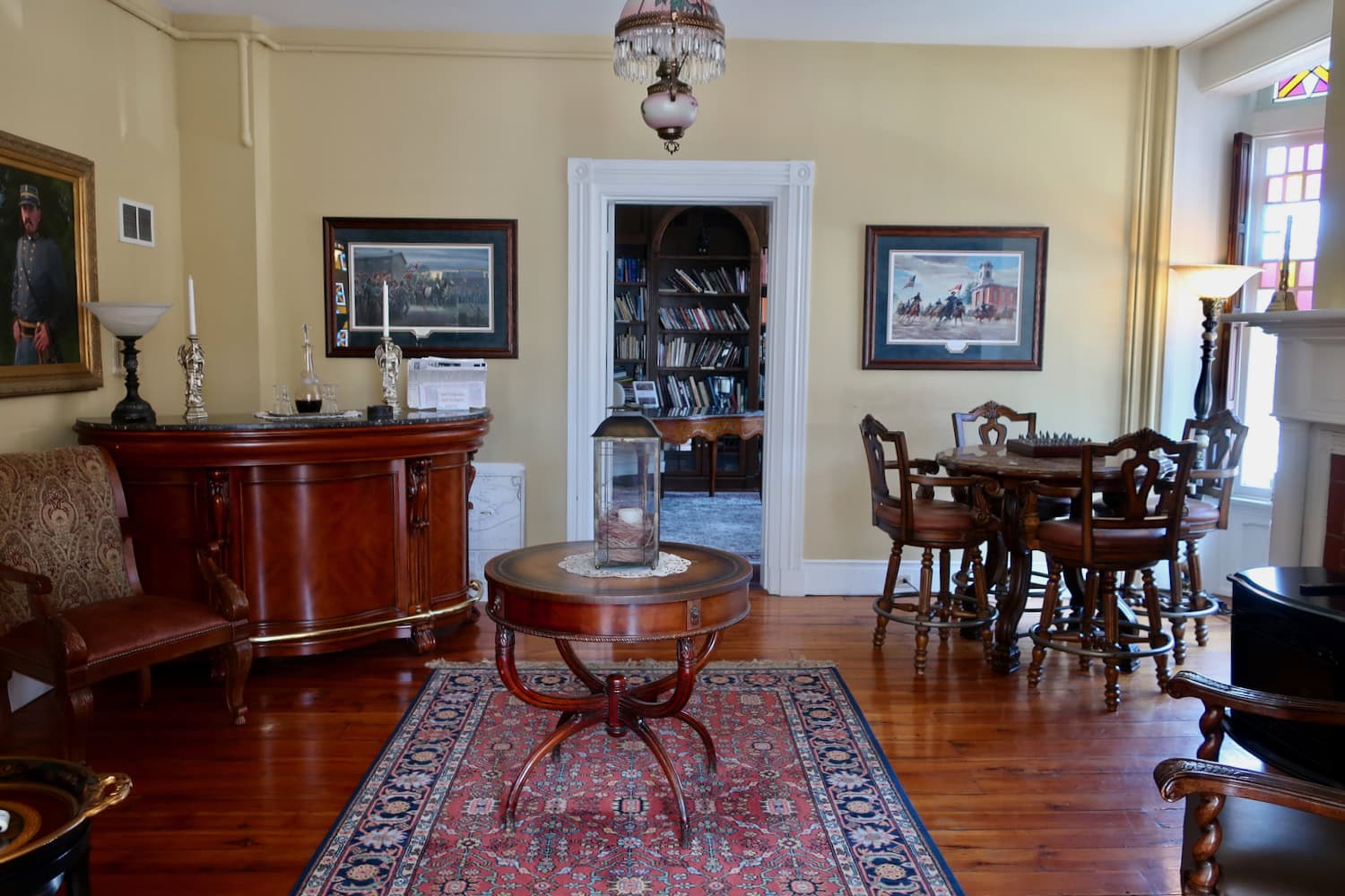 Game room with carafe of sherry on bar at Swope Manor Gettysburg PA