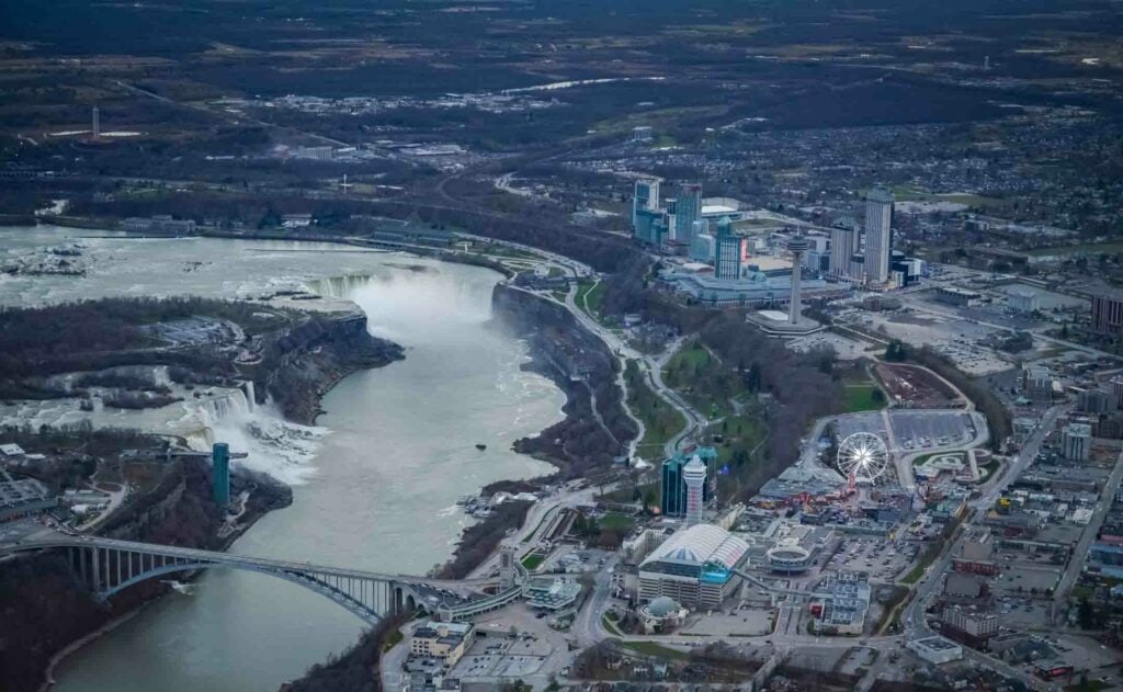 Niagara River and the falls as seen from Niagara Helicopter