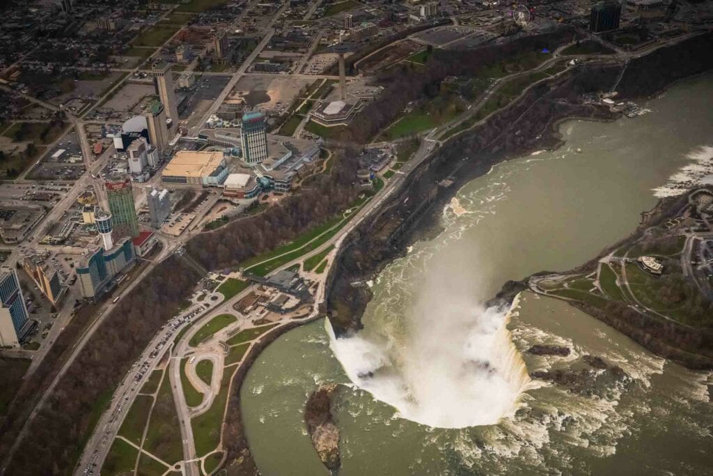 Aerial view of Horseshoe Falls from on board Niagara Helicopters.