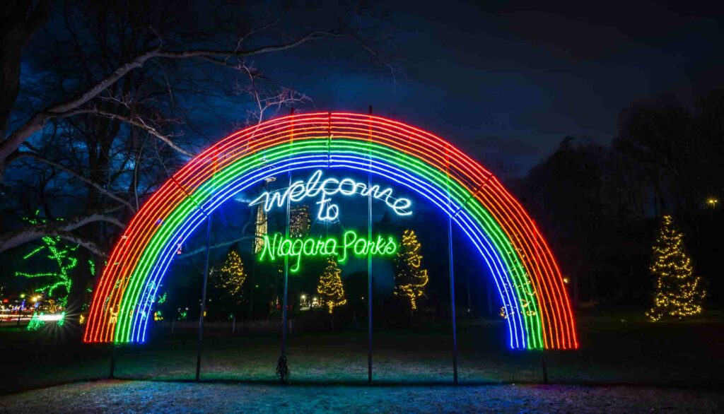 Welcome To Niagara Parks rainbow arch is part of Niagara Falls Winter Lights festival