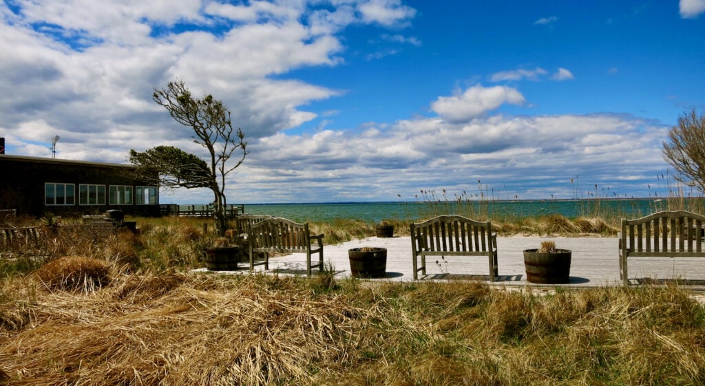 Public benches overlook the Bay on Fire Island NY