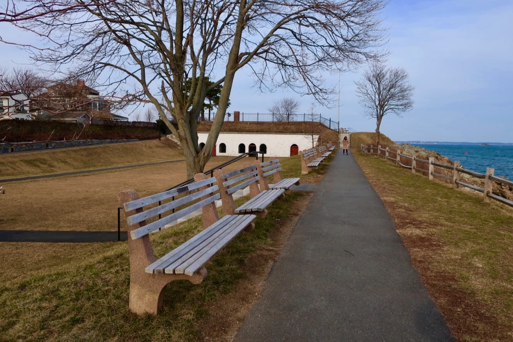 Park benches face Massachusetts Bay at Fort Sewall Marblehead MA