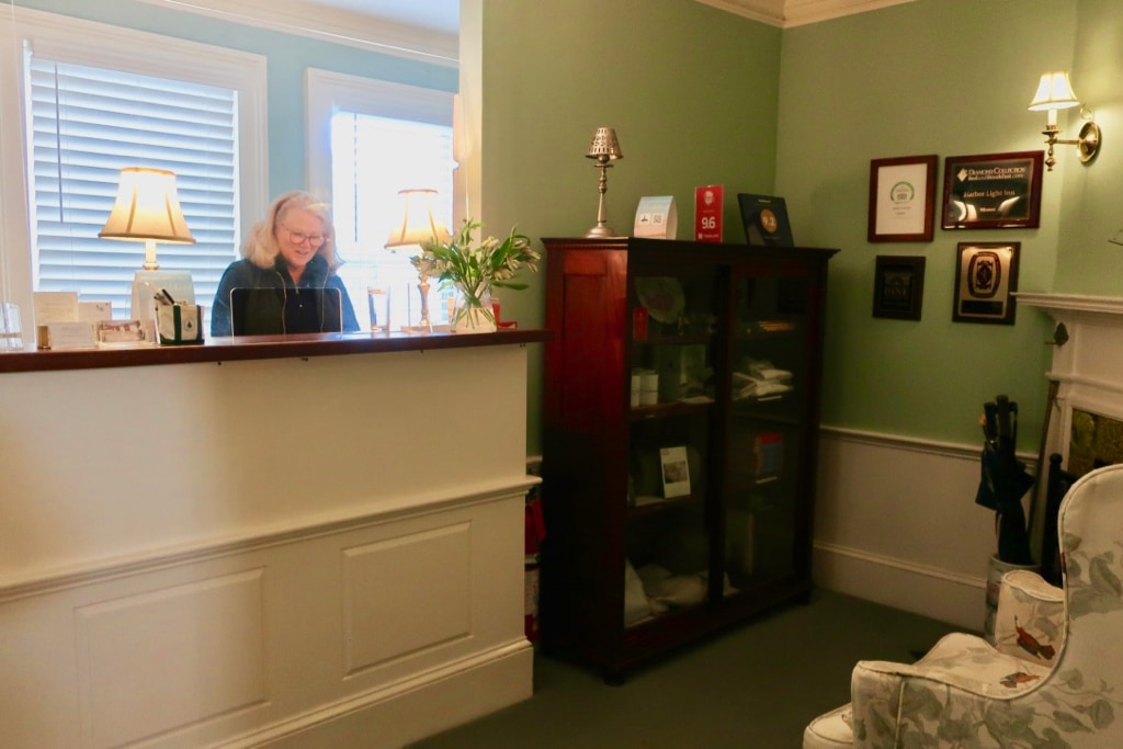 Reception desk at Harbor Light Inn Marblehead.