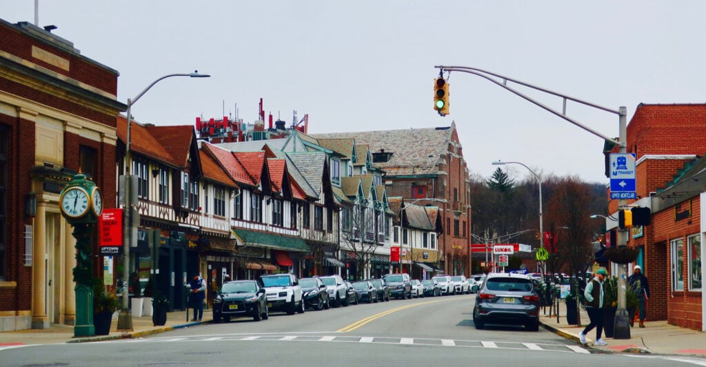 Uptown Montclair District Tudor architecture with shops and restaurants