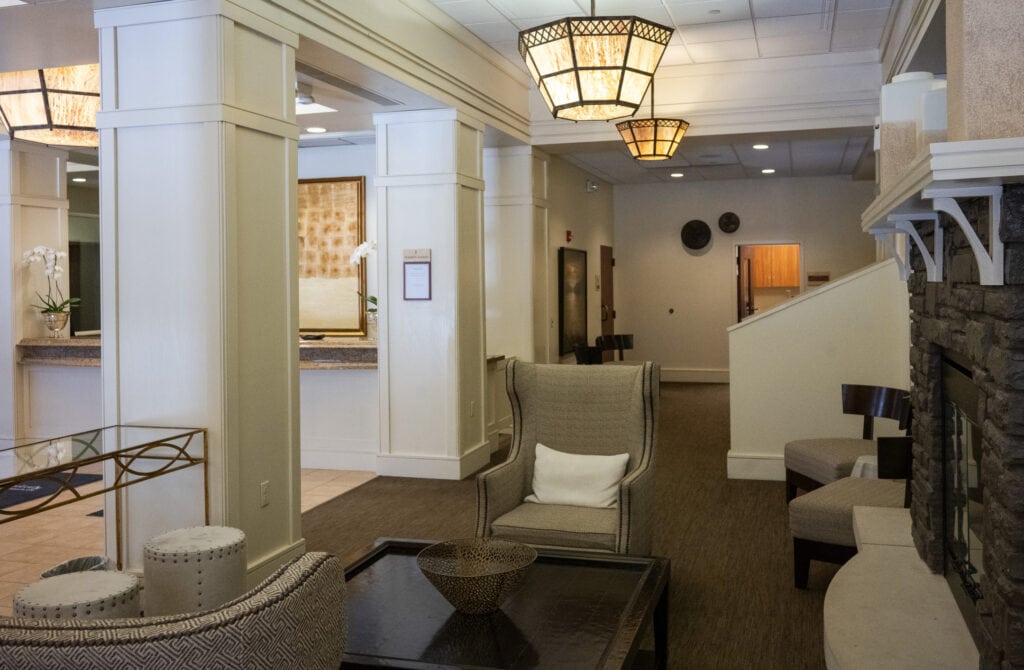 Fireplace lobby of the Copperleaf Boutique Hotel and Spa.