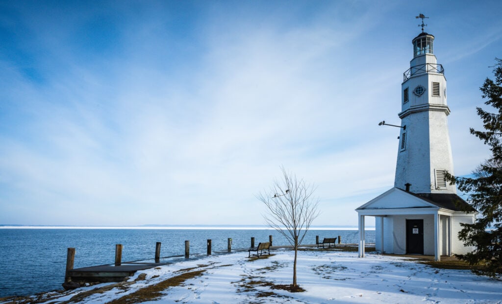 Kimberly Point Lighthouse, one of the structures on the Neenah Historical Tour, stands at the entrance to Lower Fox River from Lake Winnebago.