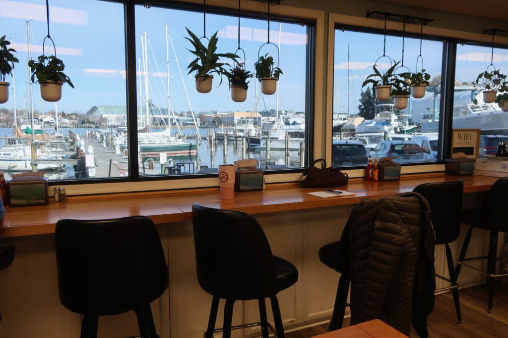 Marina view from counter at Bread and Butter Kitchen Annapolis MD
