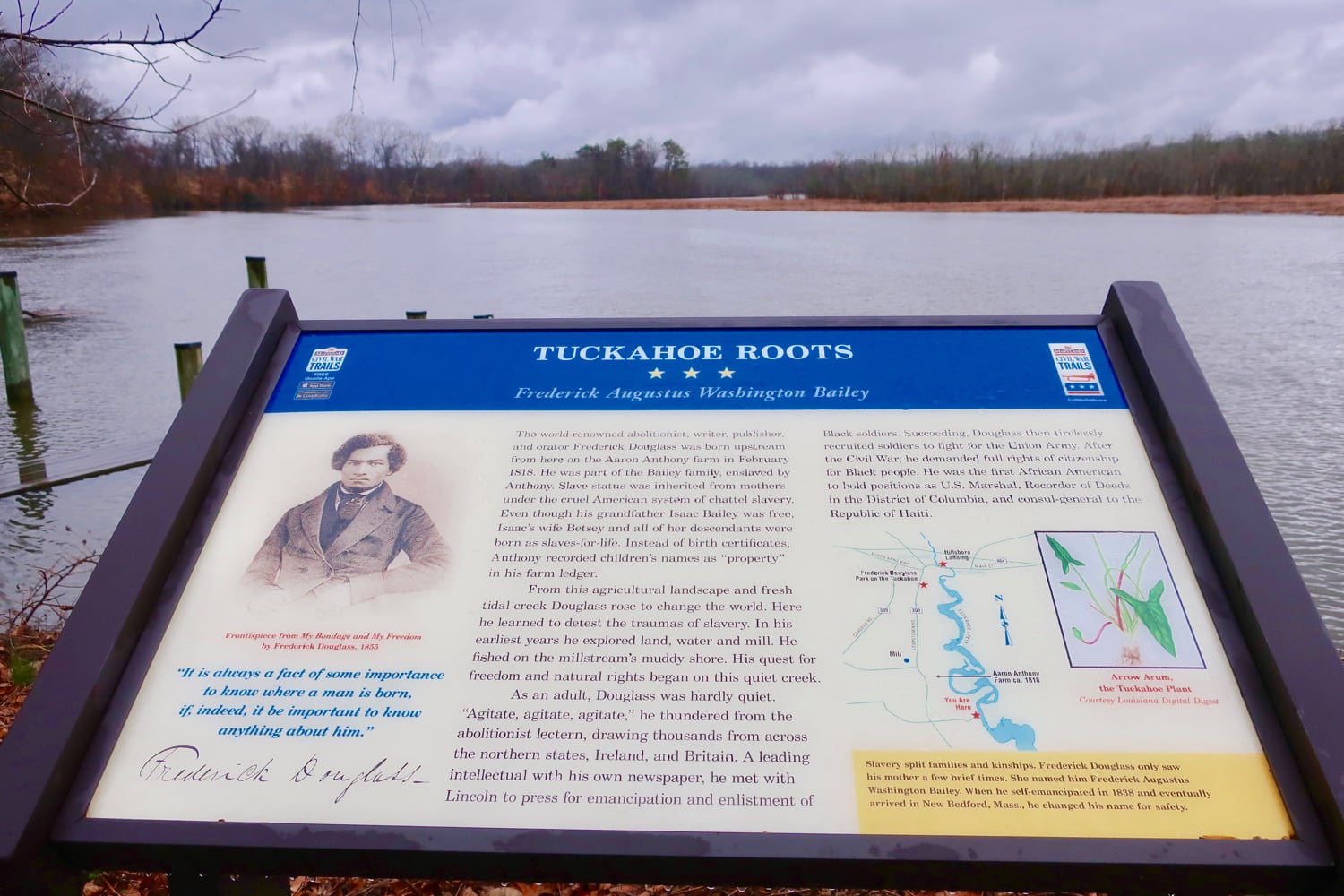Frederick Douglass information panel near his birthplace on the Tuckahoe River Easton MD