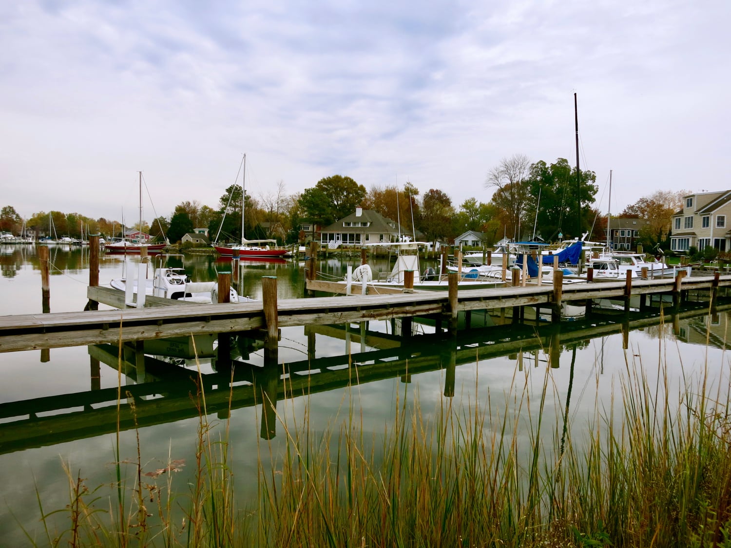 Private boats at dock in the center of Oxford MD
