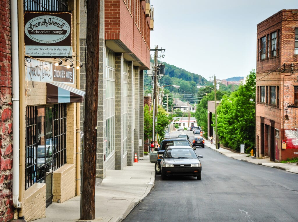 Downtown Asheville NC street with French Broad Chocolate Lounge