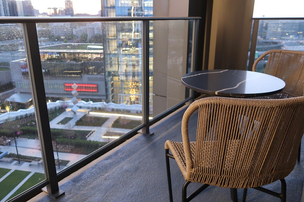 Watermark Hotel balcony overlooking Capital One Towers and Tysons VA