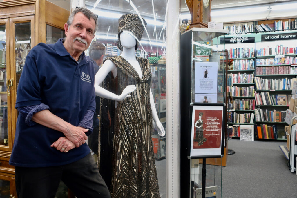 Washington Street Books owner John Klinsavage with costume. Havre de Grace MD