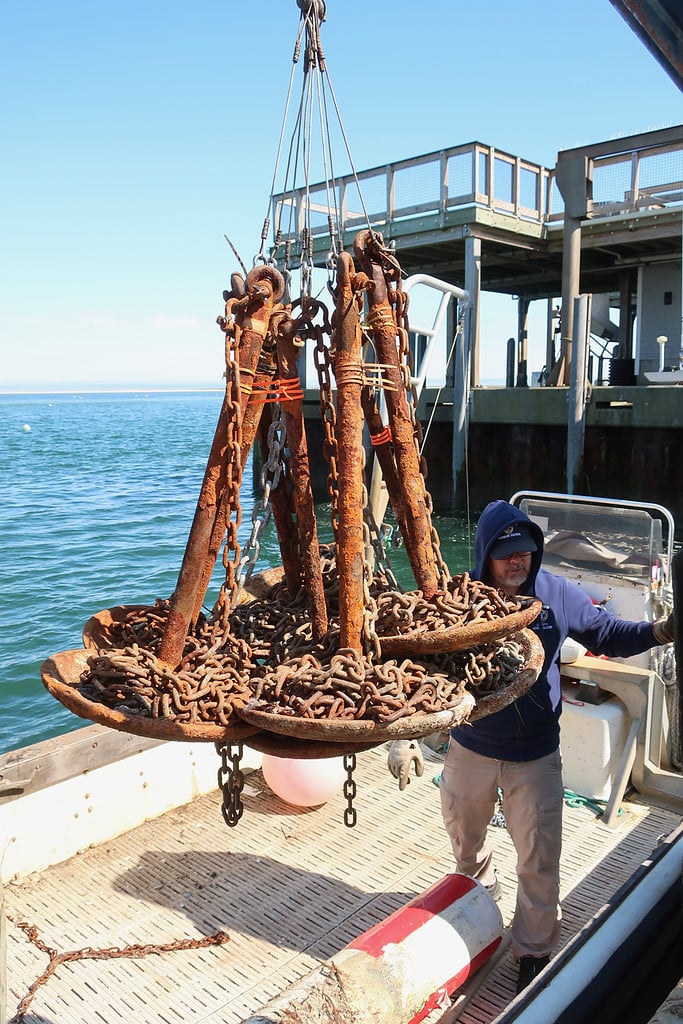 Mooring and buoy anchors before going into water, Chatham MA