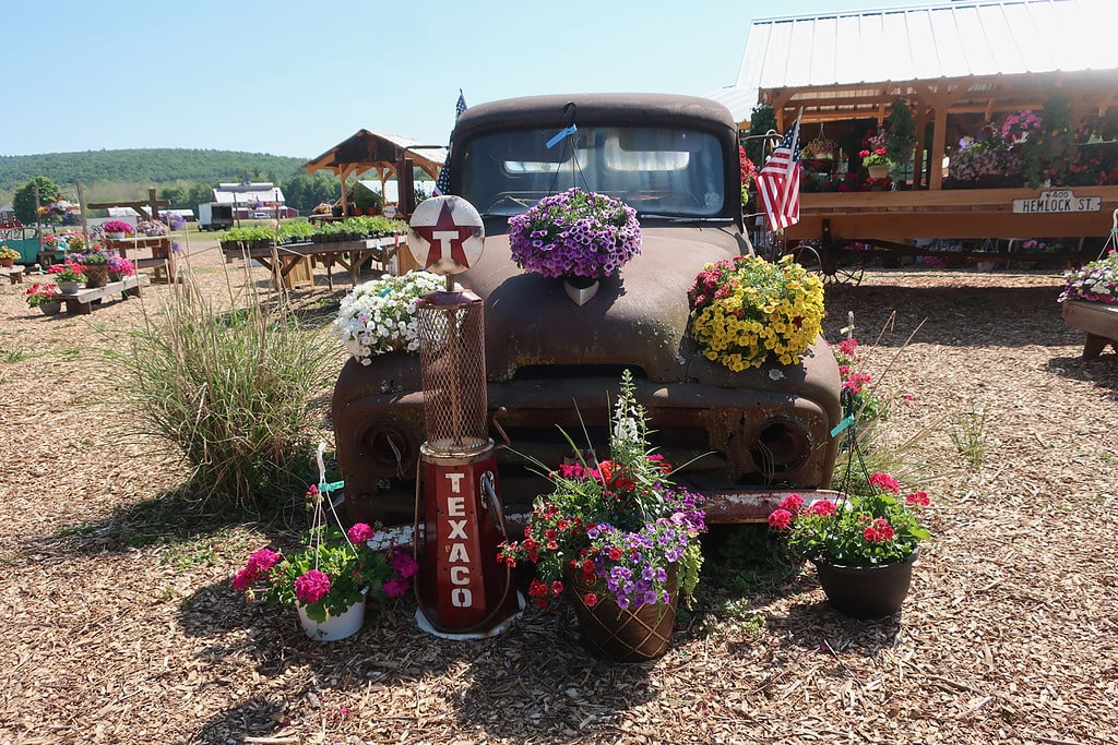Antique Car Flower display at Retherford's Village PA