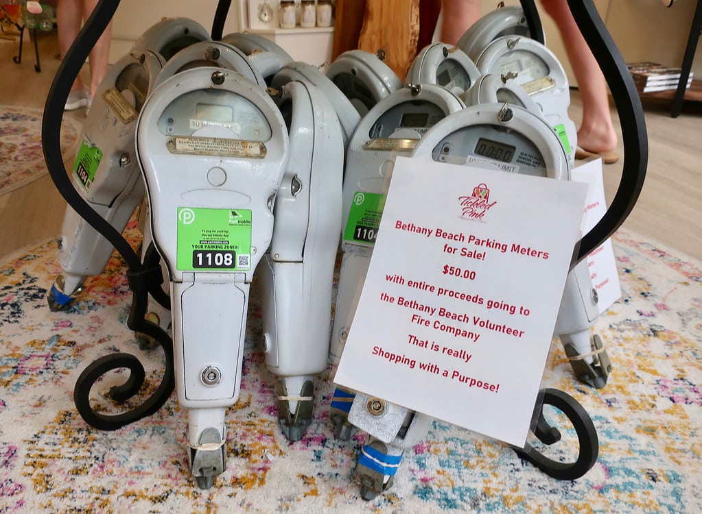 Outdated parking meters for sale at Tickled Pink Bethany Beach DE