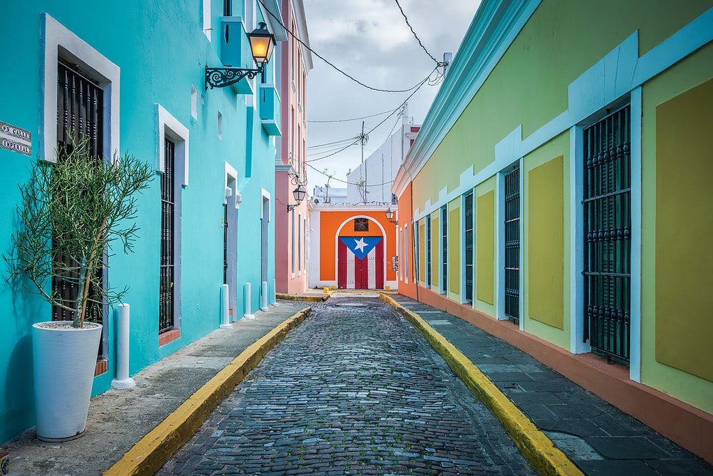 Historic houses and the Puerto Rican flag in Old San Juan